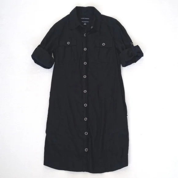 Banana Republic 3/4 Sleeve Black Soft Italian Cotton Button Down Shirt Dress 2 - Picture 15 of 16